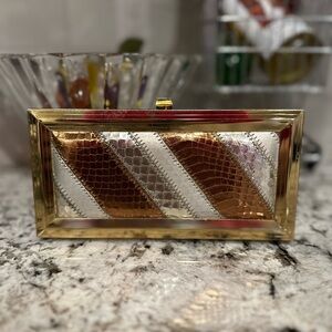 Vintage 1970's Margolin Patchwork Snakeskin & Gold
Tone Box Clutch Evening Bag